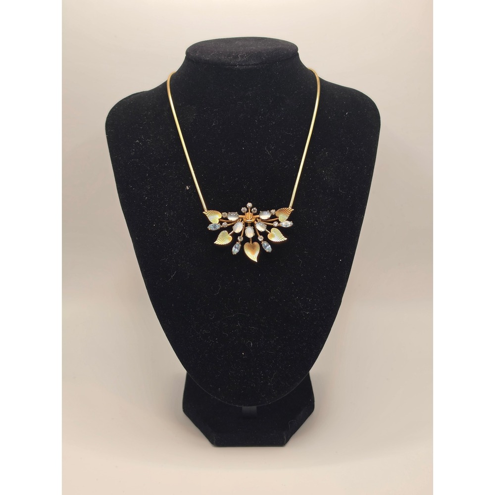 Vintage Krementz Gold Tone Faux Moonstone Blue Crystal Leaf Statement Necklace